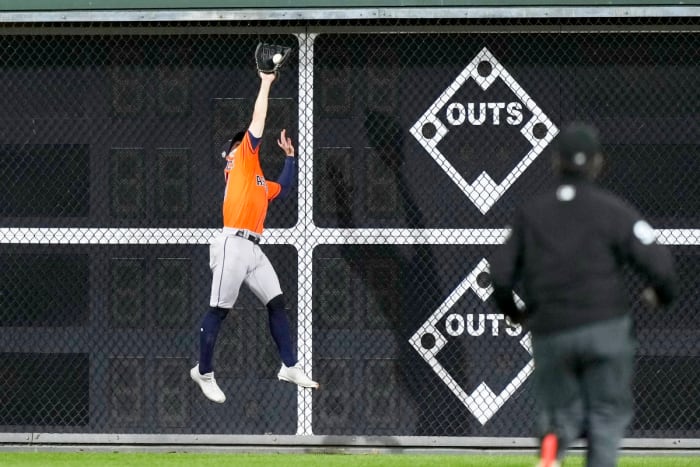 Astros center fielder Chas McCormick makes an incredible leaping catch in the ninth inning of World Series Game 5 against the Phillies.